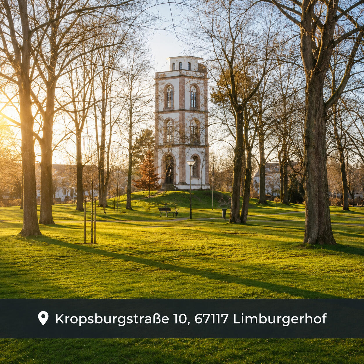 Zu Hause in Limburgerhof – Standortgrafik Panoramaansicht von Heidelberg mit dem Schloss, der Alten Brücke und dem Neckar im 1:1-Format, am unteren Bildrand überlagert mit der Adresse „📍 Kropsburgstraße 10, 67117 Limburgerhof“.